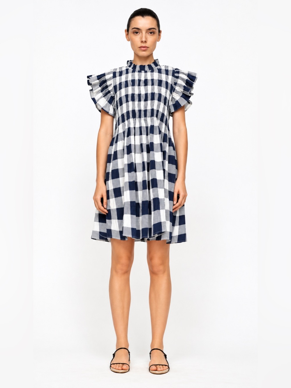 Sea New York Morgan Navy White Gingham Smocked Dress S